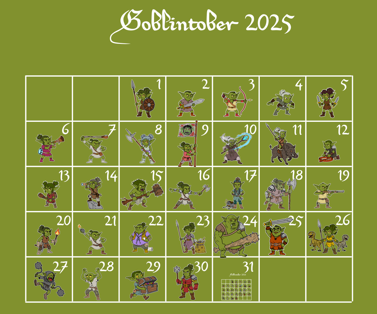 Goblintober 2025 complete calendar showing all the goblins