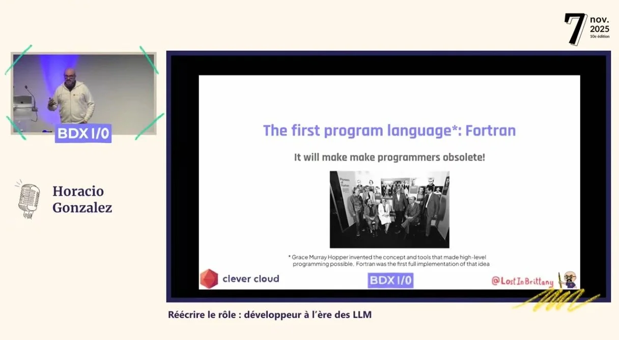 A slide from the BDX I/O talk: "The first program language: Fortran. It will make programmers obsolete!", with a photo of the Fortran pioneers