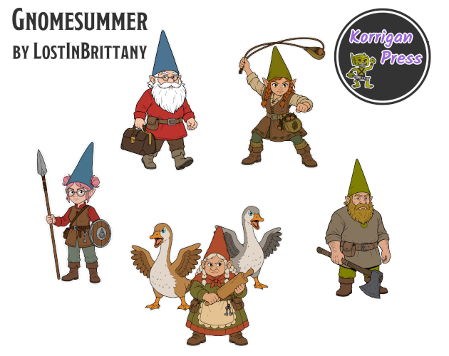 The complete Gnomesummer warband: five gnomes and two geese