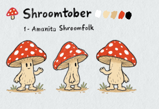 Three-view character sheet for Shroomtober #1, Amanita Shroomfolk: a smiling beige mushroom person with a red white-spotted cap, visible cream gills, short arms and oversized bare feet