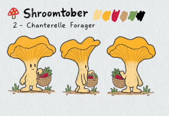Three-view character sheet for Shroomtober #2, Chanterelle Forager: a slender pale-yellow mushroom person with a wide, wavy golden funnel-shaped cap, carrying a woven basket full of red berries and greens