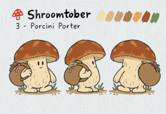 Three-view character sheet for Shroomtober #3, Porcini Porter: a sturdy cream-coloured mushroom person with a broad, mottled brown cap, carrying a large brown sack over his shoulder, tied with string, with a red ribbon and green leaves peeking out of the top