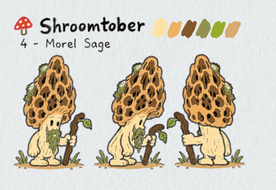 Three-view character sheet for Shroomtober #4, Morel Sage: an old mushroom person with a tall, cone-shaped, honeycombed golden cap dotted with patches of moss, a long mossy green beard, and a crooked wooden staff with a single leaf sprouting from it