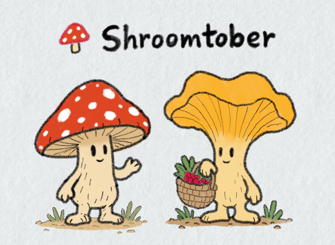 The first two Shroomtober minis side by side: the Amanita Shroomfolk with its red spotted cap waving, and the Chanterelle Forager with its golden funnel cap and a basket of berries