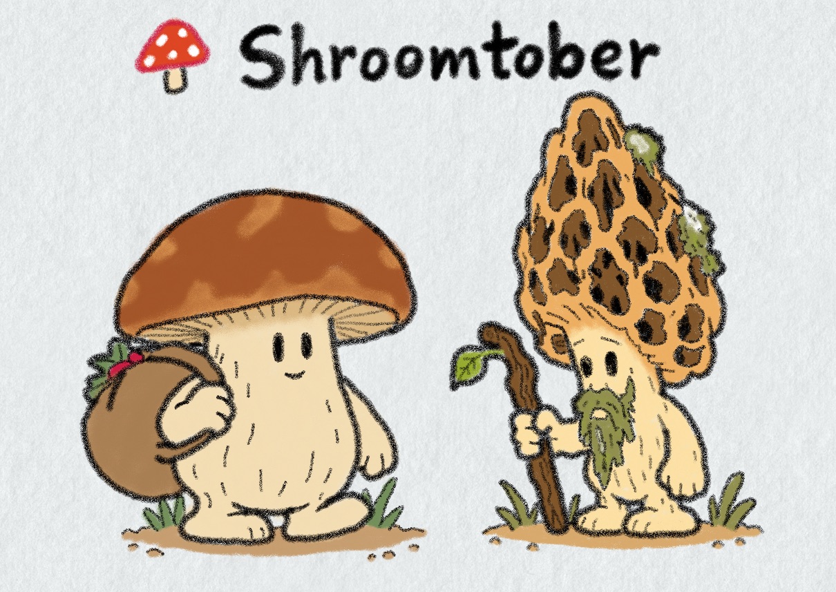 Shroomtober #3 and #4 side by side: the Porcini Porter, a smiling, sturdy mushroom with a broad brown cap and a big sack over his shoulder, and the Morel Sage, with a tall honeycombed cap, a mossy green beard and a crooked wooden staff